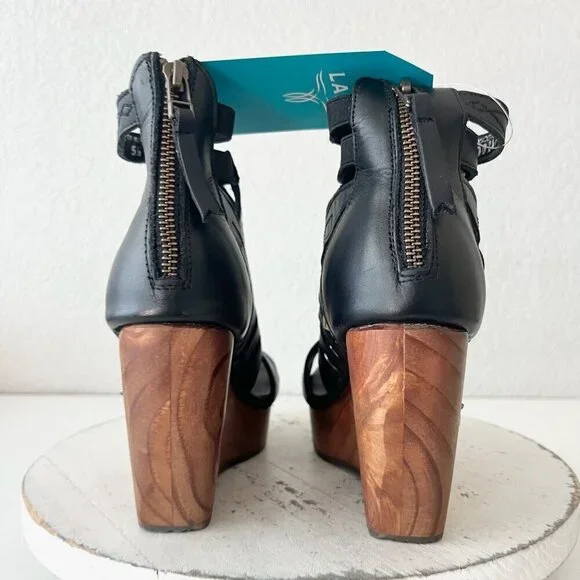 Lane Boots BECCA Womens Black Wedges 5.5 Western Sandals Cowgirl Leather Heels - Picture 3 of 11